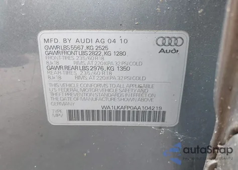 2010 Audi Q5 3.2 Premium from USA, damaged, VIN WA1LKAFP0AA104219